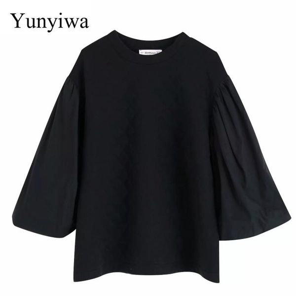 

women's hoodies & sweatshirts 2021 women fashion lantern sleeve cotton padded patchwork black sweatershirts autumn ladies basic casual