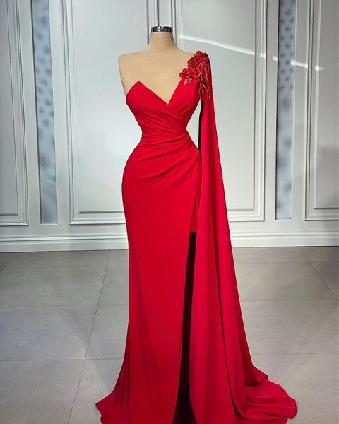 

elegant red mermaid evening dresses one shoulder long sleeve dubai arabic side split handmade flowers beadings floor length prom dress vesti, Black;red