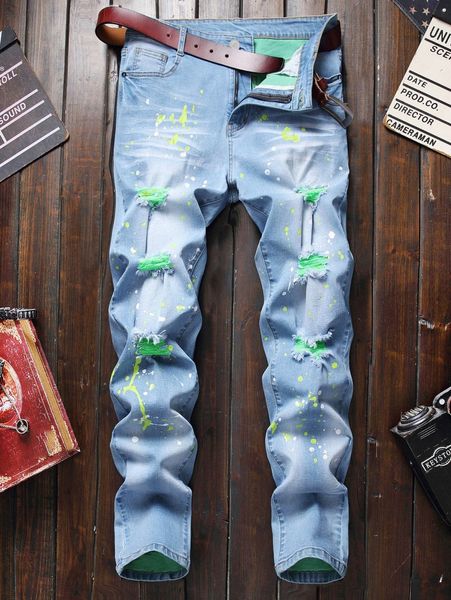 

men splatter print ripped jeans without belt e0xz#, Blue