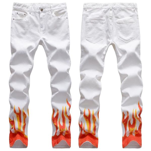Jeans da uomo European American High Street White Flame Digital Graffiti Print Hip-hop Slim Men Graphic Skinny