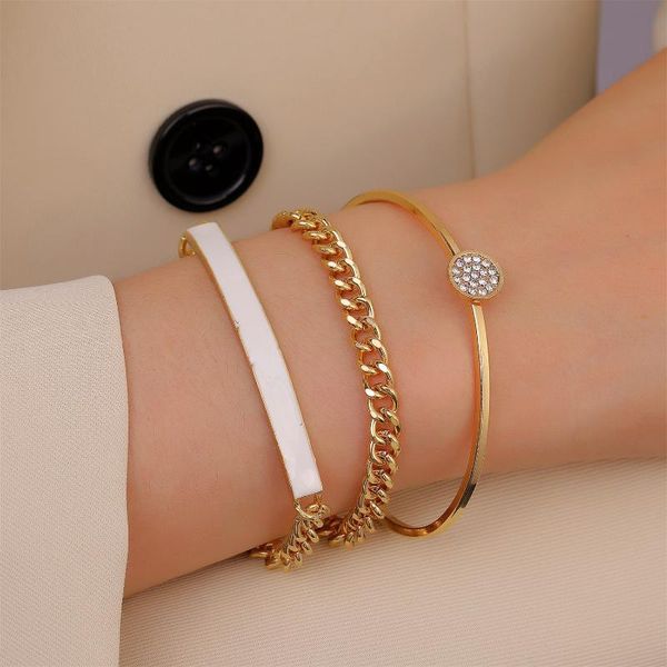 

link, chain exaggerated geometric bracelet 3-piece set retro simple zircon adjustable circle jewelry bracelets for women, Black