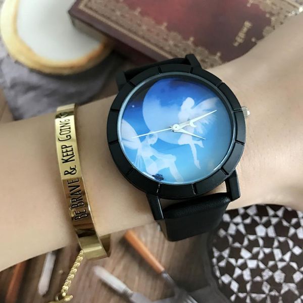 

wristwatches 2021 creative angel wings pattern personality female starry sky space watch unique crescent shape second hand, Slivery;brown