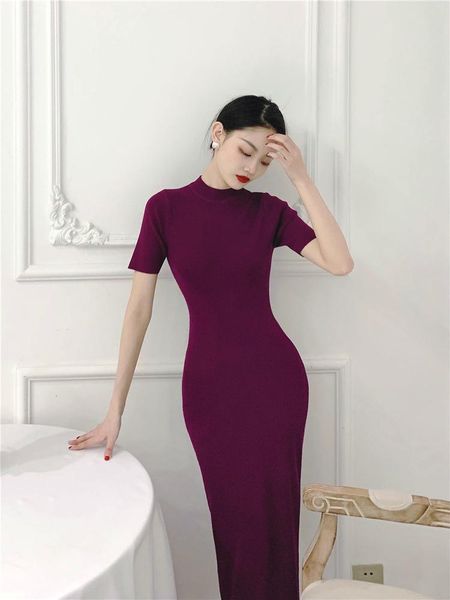 

casual dresses elegant sheath women dress knitted fashion half high collar mid-calf purple short sleeve french style vintage slim female, Black;gray