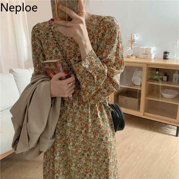 

neploe vintage floral dresses women o-neck long sleeve robe high waist loose temperament vestidos slim maxi dress female 210422, Black;gray