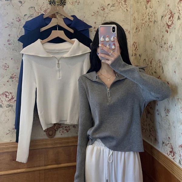 

women's sweaters early autumn chic stand collar knitted sweater women casual harajuku solid color long sleeve outwear female lazy cloth, White;black