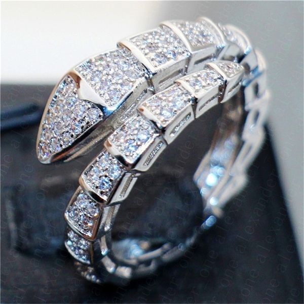 Marca 925 Sterling Silver Cobra Anéis para Mulheres Luxo Pave Diamante Anel de Noivado Casamento Branco Topaz Jóias Carimbado 10KT 220211