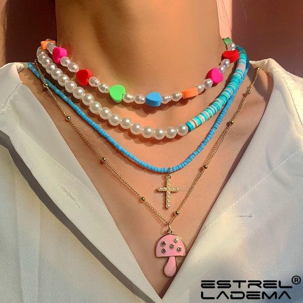 

chains 2021 handmade multilayer soft clay pearl heart beads choker necklaces for women cross mushroom beaded chain necklace jewelry, Silver