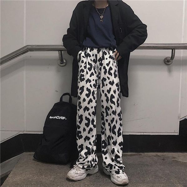 

cow print wide leg korean women pants style oversized full length fashion harajuku autumn plus size trousers, Black;white