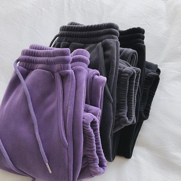 

women's pants & capris women sportswear winter thick fleece warm female casual loose long harem trousers high waist woman, Black;white