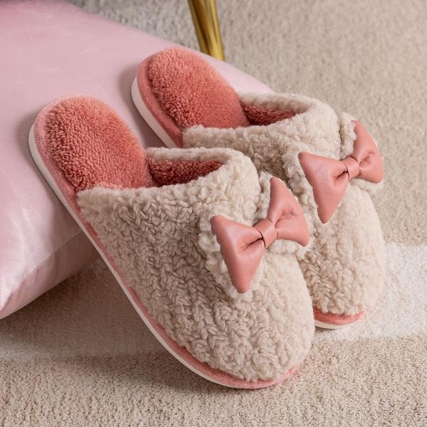 

winter warm home slippers bowknot cotton shoes cute lovely cartoon indoor bedroom house women men lovers fur slides, Black