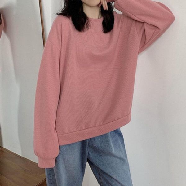 

women's hoodies & sweatshirts autumn and winter loose round neck slit solid color sportswear casual simple pullover top, Black
