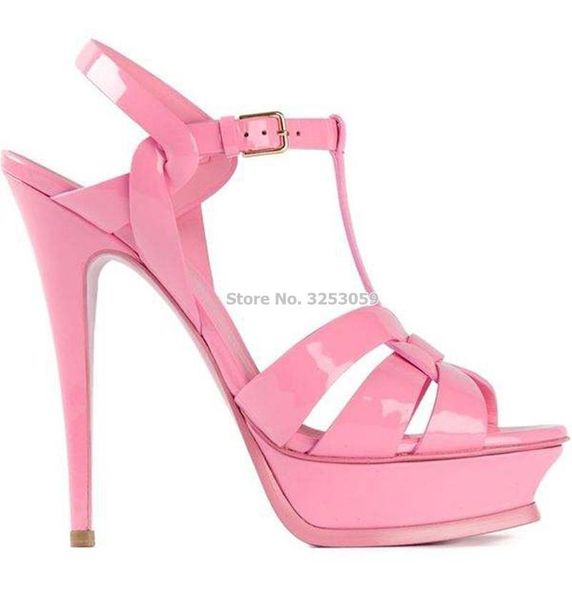 

candy color patent leather platform sandals buckle strap thin high heels concise elegant party shoes dropship, Black
