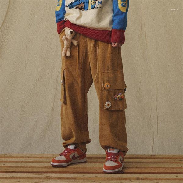 

japanese retro pendant corduroy pants men's loose straight tube korean trend autumn wide leg casual men clothing, Black