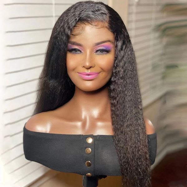 

costume accessories yaki 150% density black kinky straight synthetic hair 13x4lace front wig for women with babyhair preplucked glueless med, Silver