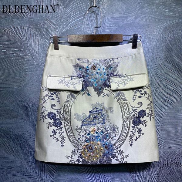 

skirts dldenghan fashion jacquard summer skirt women's crystal diamond beading vintage designer, Black