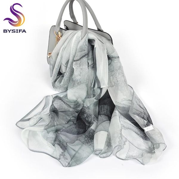 

scarves [bysifa] grey white silk scarf ladies fashion thin long chiffon summer beach shawl spring female neck, Blue;gray
