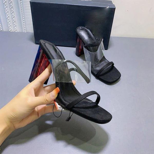 

slippers brand simple open-toed sandals women transparent one-word strap tortoiseshell thick heel high, Black
