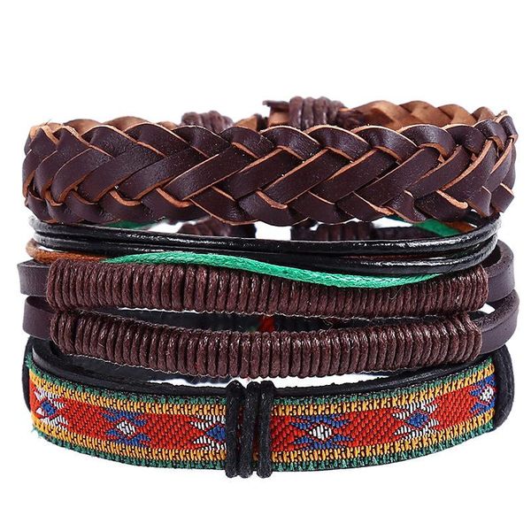 

charm bracelets 4pcs/set punk boho tibetan fabric dark brown leather cord macrame knots wrap wide ban bangles for man hand jewelry, Golden;silver