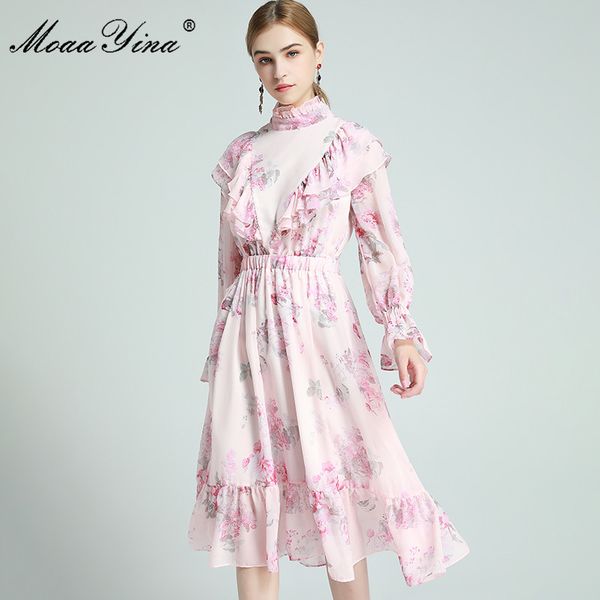 

fashion dress spring women's dress ruffled collar long sleeve ruffles floral-print pink vacation dresses 210524, Black;gray