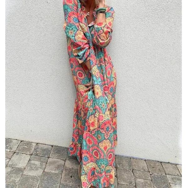 

casual dresses lugentolo printed maxi dress women summer bohemian big swing print v-neck loose fashion womens long, Black;gray