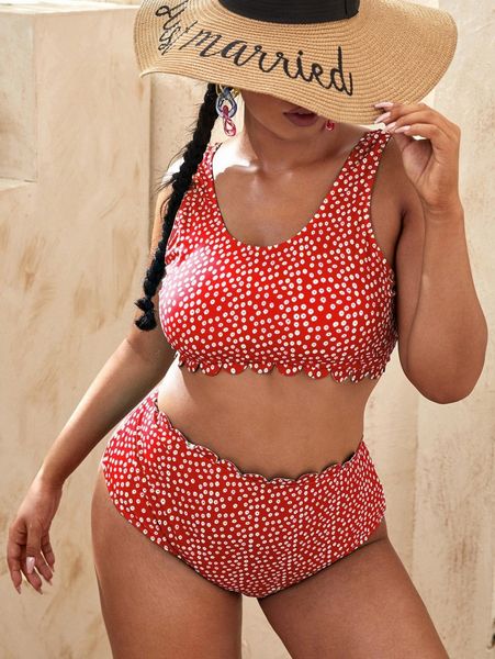 

plus ditsy floral scallop trim bikini swimsuit s54n#, Black