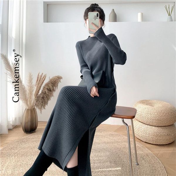 

casual dresses thick warm autumn winter knitted long women half high collar elegant single breasted side split sweater dress, Black;gray