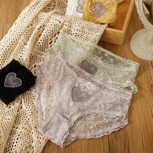

women's panties japanese girl hollow love embroidered solid color underwear cute temptation fashion lace high stretch briefs, Black;pink