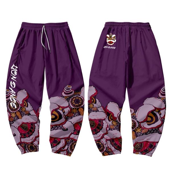 

chinese lion print spring and autumn trendy hip-hop style overalls leggings purple trousers men's pants, Black