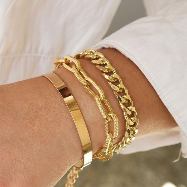 

link, chain 3pcs/set punk geometric bracelet set women's retro thick snake charm trend rock hip hop jewelry gift, Black