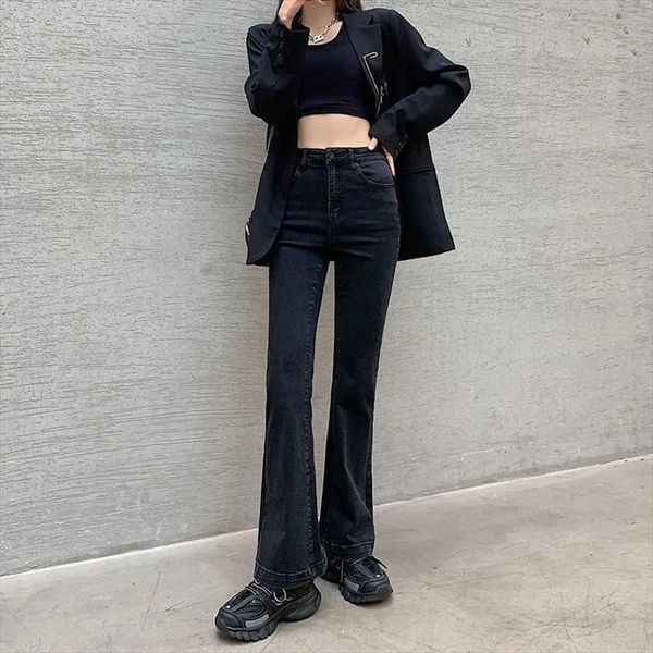 

fashion elastic slim high wasit womens jeans flare y2k streetwear skinny bell bottom pants classical all match stacked, Blue