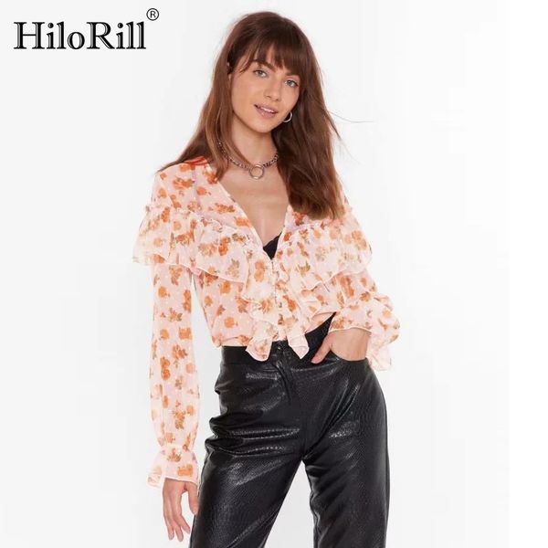 

women's blouses floral print ruffles chiffon blouse casual spring summer deep v neck long sleeve feminina blusas 210508, White
