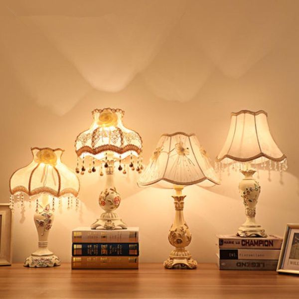 

table lamps european style lamp bedroom bedside decoration led e27 with plug resin body cloth art lampshade