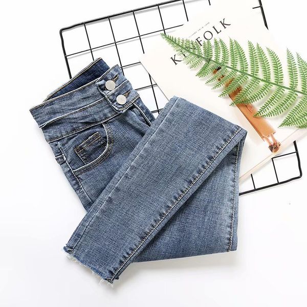 

jeans b3067-12 - korean women's two button rough hem leggings in spring 2021, Blue