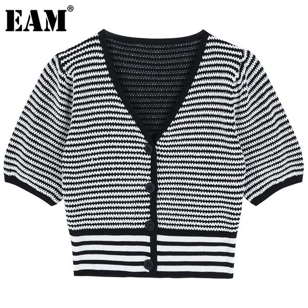 

[eam] black striped spliced knitting cardigan sweater loose fit v-neck short sleeve women fashion spring summer 1dd8004 21512, White
