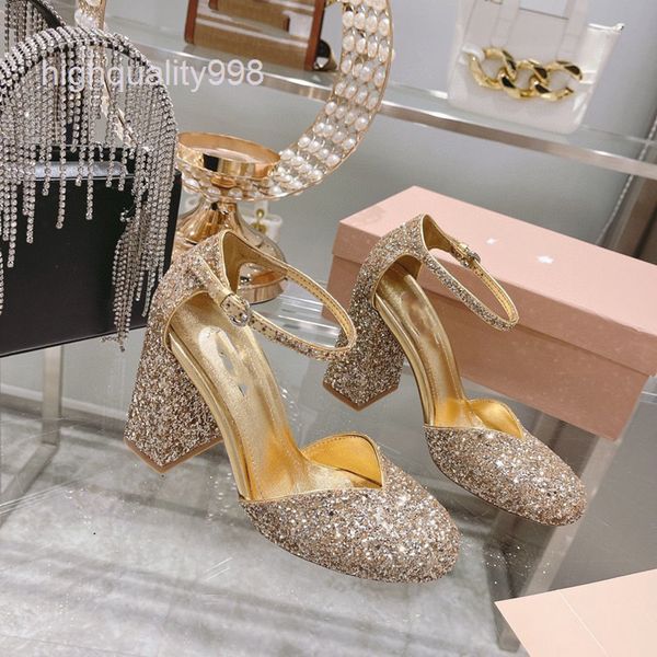 

dress shoes high end quality early spring sequin high-heeled sandals one line buckle hollow thick heel fashion, Black