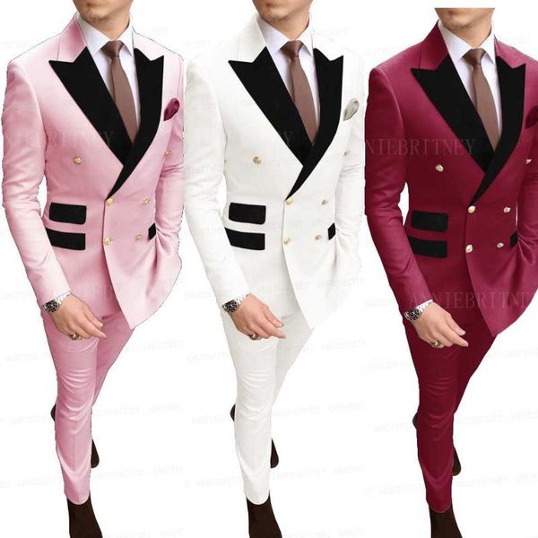 

gold buttons double breasted white suit men gentleman tuxedo wedding groom dress black velvet lapel blazer with pants set men's suits &, White;black