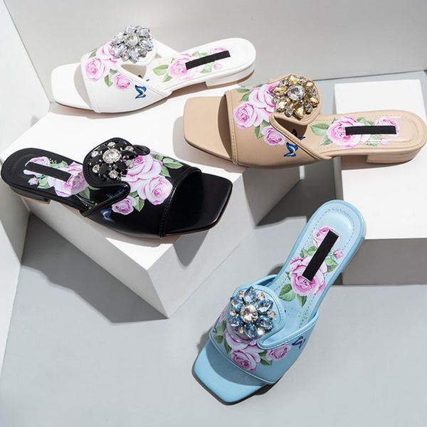 

slippers 2021 fashion woman square toe ladies summer flowers crystal shoes female low heel casual sandals outdoor slip-on slides, Black