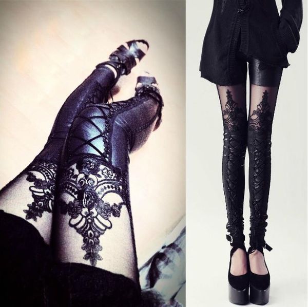 

women's leggings 2021 women lace embroidered bla pants punk leather ing cropped bottoming, Black
