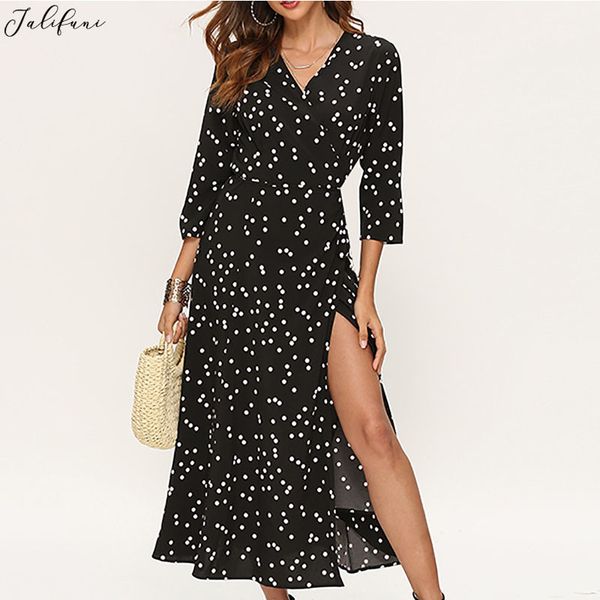

plus size women chiffon polka dot v-neck split dress summer fashion sashes empire slim party dresses new brand robe wrap vestido 210415, Black;gray