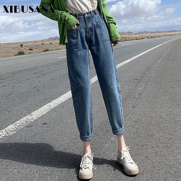 

vintage high waist solid women jeans casual straight wide leg female all-match ankle length lady denim 2021 women's, Blue