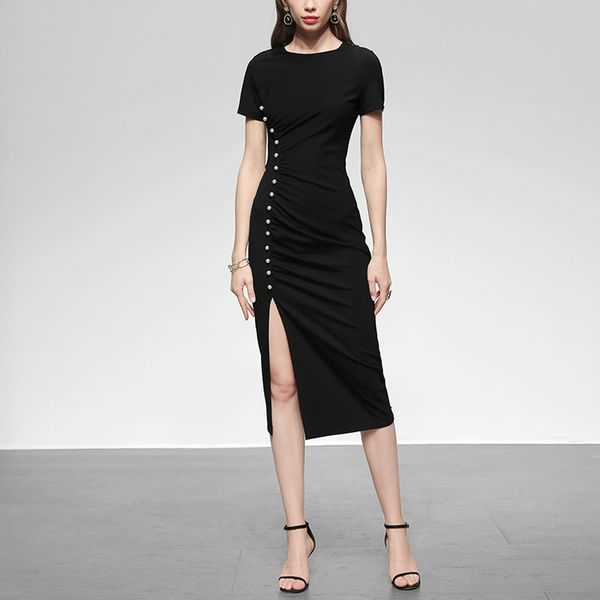 

black pencil business ol office women short sleeve o-neck split midi female pearls ruch party night club dress 210416, Black;gray