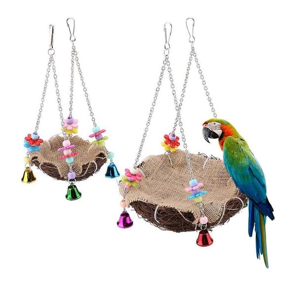 

cute bird rattan nest toy with bells flower accessories, parrot chewing climbing hanging swing cages
