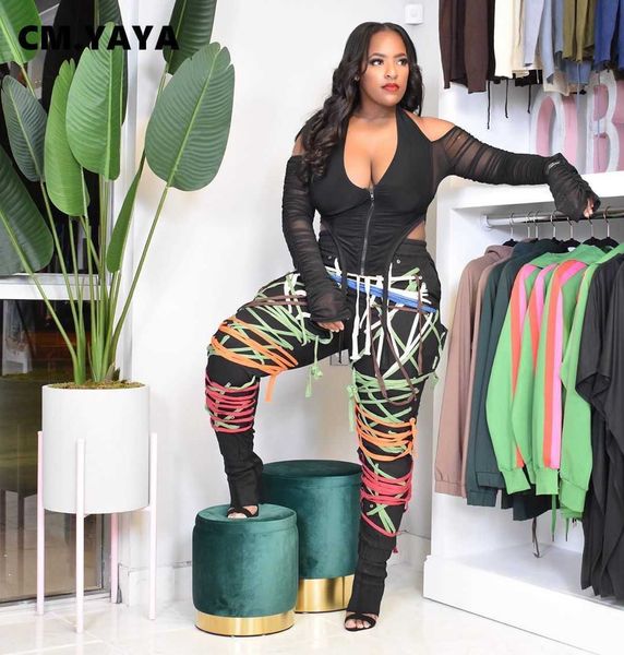 

cm.yaya streetwear women lace up strings pants high waist hip hop trousers activewear sports jogger sweatpants 211006, Black;white