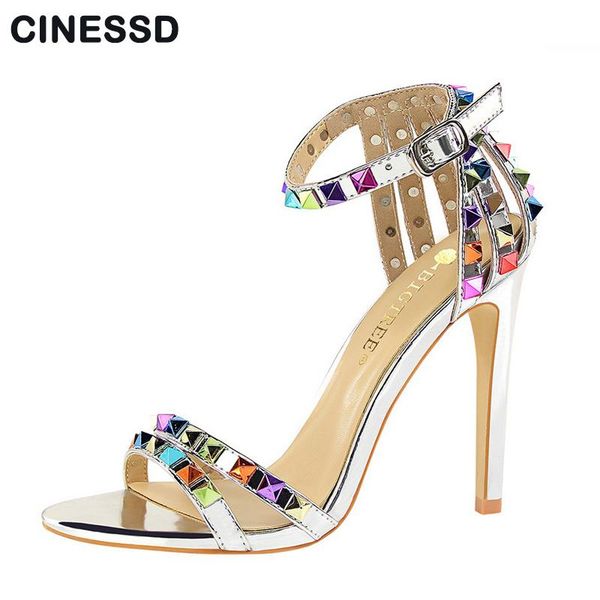 

dress shoes roman style woman sandals open toe silver 11cm stiletto high heels colorful rivets size 35-40, Black