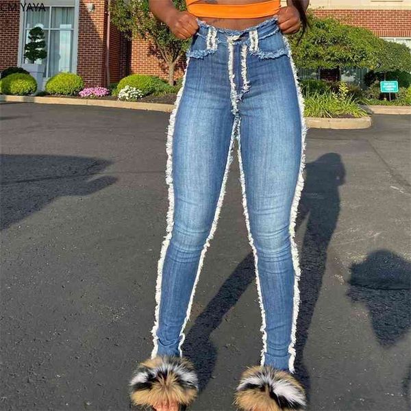 

cm.yaya tassel splicing denim pants women high waist washed pencil jeans ripped trousers street skinny lady 210708, Blue