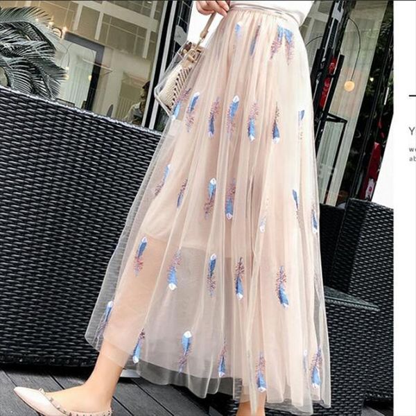 

summer net yarn feather pattern embroidery women skirts mesh girls fairy long female, Black