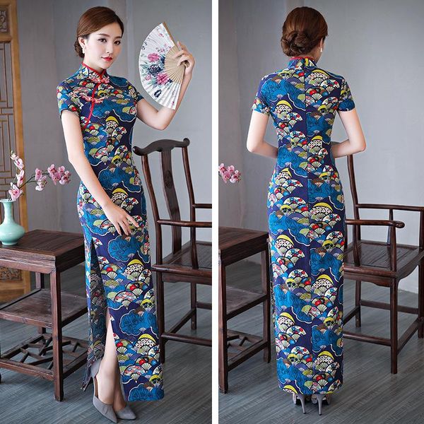 

oversize 5xl elegant orientale women handmade button satin flower fan prined qipao chinese mandarin collar cheongsam ethnic clothing, Red