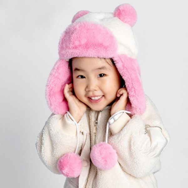 

children winter hat soft fleece ski earflap cap kids boys girls thick warm russian child cute ear windproof trapper caps & hats, Yellow
