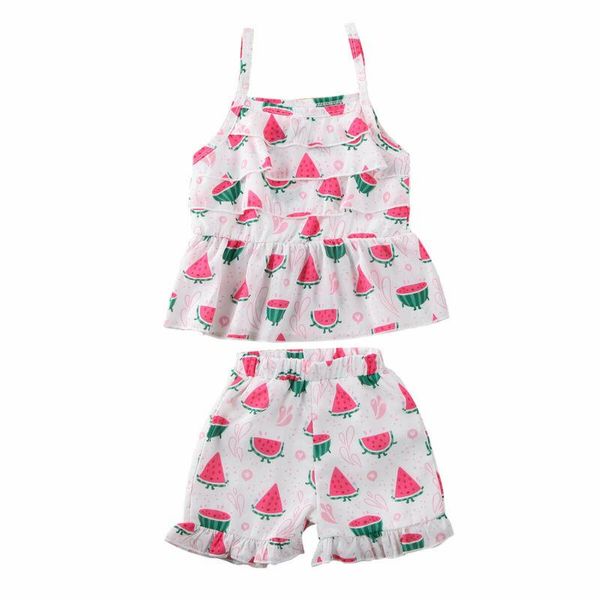 

2pcs toddler baby girls watermelon print set sleeveless ruffle shorts sunsuit outfits clothes 1-6 years clothing sets, White