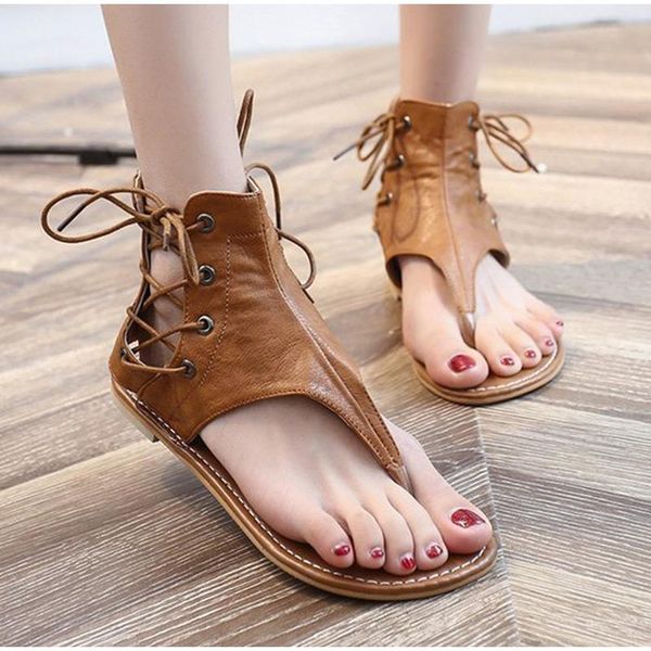 

sandals clip toe summer beach shoes retro gladiator women's 2021 lace up female flat sandalies pu leather ladies boots footwear, Black
